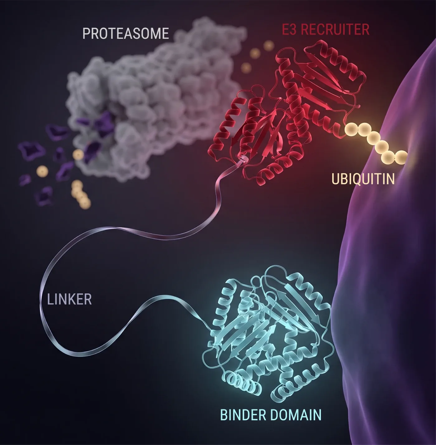 Anatomie d’un bioPROTAC : un domaine de liaison cyan retient la protéine cible mauve, un segment de liaison souple le relie à un recruteur E3 rouge qui appose une chaîne d’ubiquitine, et le protéasome dégrade la protéine marquée.