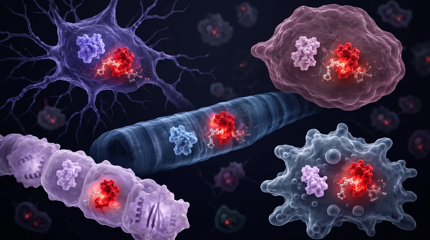 3D render of many different cell types floating side by side: a neuron, a liver, a muscle fiber, an immune cell and a row of epithelial cells. Each one carries the same red degrader complex engaging its target, showing degradation happening in every tissue at once.